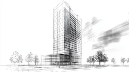 A modern architectural sketch of a tall building, featuring glass elements and surrounding trees, rendered in a monochromatic style.