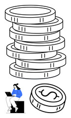 Woman sitting and working on a laptop, tall stack of coins, and a single coin with a dollar sign. Ideal for financial planning, saving, investment, banking, earnings economy personal finance. Line