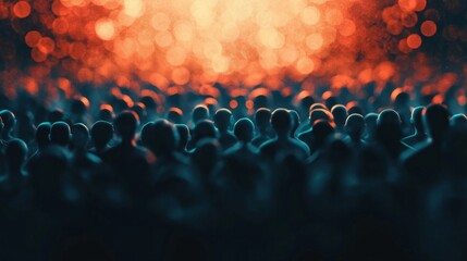 A crowd of silhouetted figures is gathered in front of a vibrant, glowing scene, suggestive of a concert or event atmosphere.