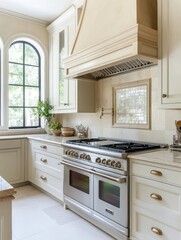 Elegant Cream Kitchen Featuring Professional Range and Arched Window