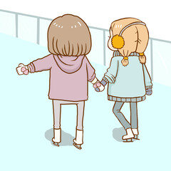 スケート場でスケートをする2人の子供たちの後ろ姿
