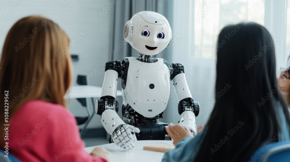 Poster A robotic language teacher conducting virtual language classes for global students, educational and virtual setting with diverse students and interactive language lessons