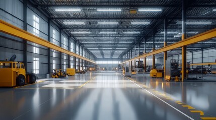 A spacious industrial warehouse with high ceilings, bright lighting, and various forklifts and machinery arranged neatly along the floor.