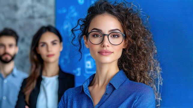 Confident Businesswoman with Curly Hair Wearing Glasses in an Office Setting, Standing in Front of Colleagues Against a Blue Background