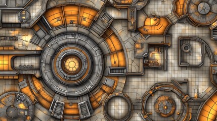 Obraz premium Futuristic circular tech structure top-down view.