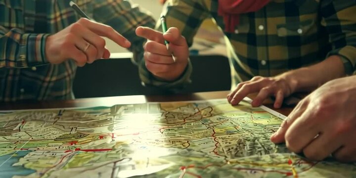 Cartographers using large plotting tables to draft a new regional map, 4K Video