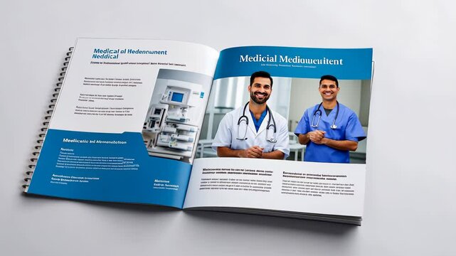 A magazine is open to a page with a man and woman talking. The man is wearing a white coat and the woman is wearing a white dress. The magazine is about medical equipment