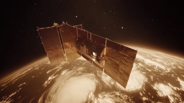A satellite orbits Earth, capturing a view of a swirling storm system, showcasing technology's role in weather observation and monitoring.