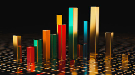 Obraz premium Abstract black background with 3D Colorful charts and graphs with statistics to innovative analyze business potential and forecast future development of companies growth.