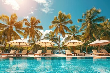 Palm trees surround a pool. This image is ideal for travel brochures and websites showcasing tropical destinations.
