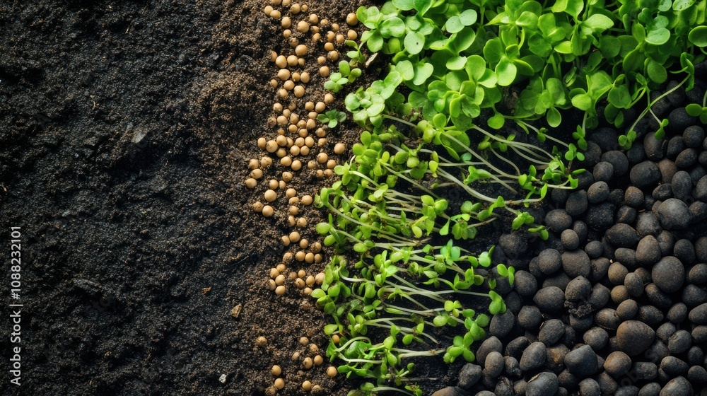 Poster seeds and fresh green sprouts are arranged neatly on dark soil, showcasing the growth cycle of plant