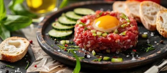 Fototapeta premium Gourmet Beef Tartare with Egg Cucumber and Bread Slices