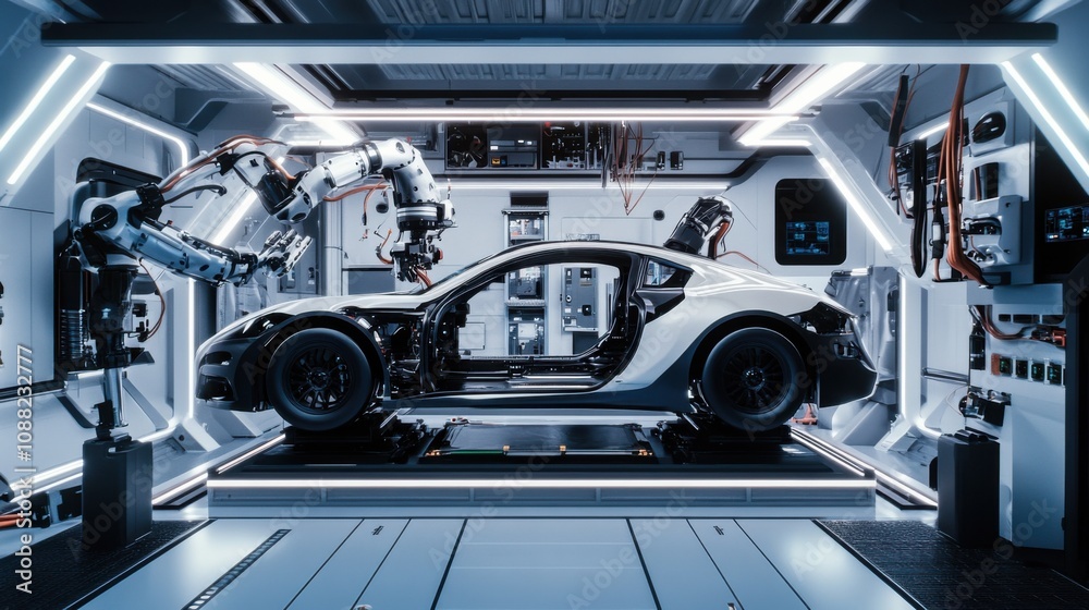Poster A robotic mechanic repairing a futuristic car in a high-tech garage, sleek and modern setting with advanced tools and car parts, Automotive Robotics style