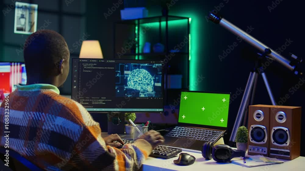 Poster african american man using ai to develop a software system with chroma key on pc, cloud computing. m