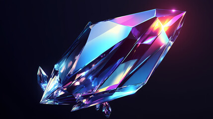 Iridescent geometric crystal shape reflecting vibrant blues and purples against dark background. Prismatic Crystal Glow. Illustration