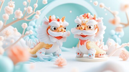 Fototapeta premium Two adorable dragon figurines in a whimsical pastel setting, surrounded by delicate flowers and a serene circular backdrop.