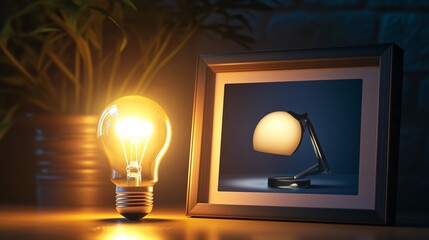 Conceptual design with a glowing light bulb beside a framed image of a sleek lamp, creating a visual metaphor for bright ideas.