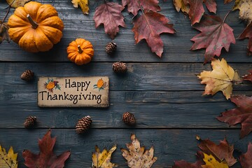 Obraz premium thanksgiving banner on wooden table surrounded with pumpkin, acorn, and autumn leaves