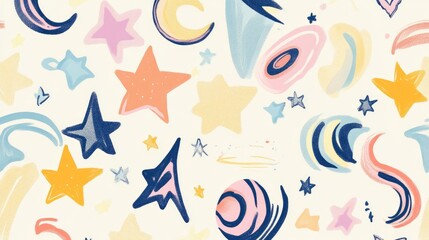 Obraz premium Playful doodles of stars, moons, and abstract shapes in pastel colors, perfect for a whimsical cup design
