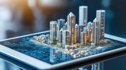 A digital tablet displays a 3D city model with illuminated skyscrapers and urban layout.