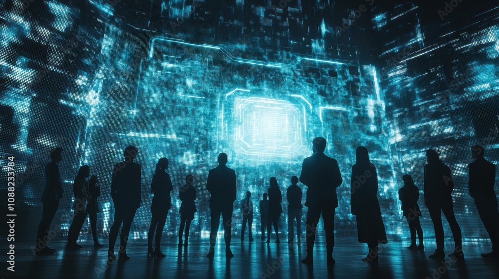 Poster a gathering of people admires an innovative abstract ai system projection at a technology conference