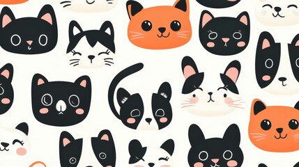Seamless pattern of cute animal faces, including cats, dogs, and pandas, creating a fun and playful design