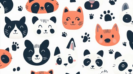 Fototapeta premium Seamless pattern of cute animal faces, including cats, dogs, and pandas, creating a fun and playful design