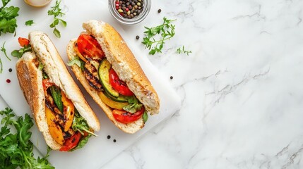 Two delicious vegetable sandwiches on a marble surface, garnished with herbs and spices.
