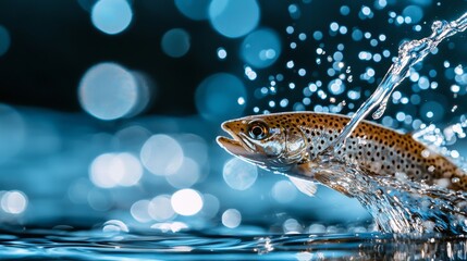 Dynamic close-up of fish mid-jump, droplets scatter, sunlight on scales, capturing vibrant surroundings in reflection