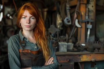 A woman with red hair stands in a workshop. This image is perfect for articles about female empowerment, DIY, and hard work.