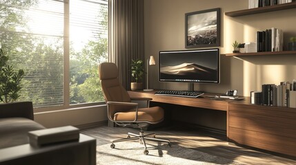 Fototapeta premium A modern home office with a desk, chair, and computer, illuminated by natural light.