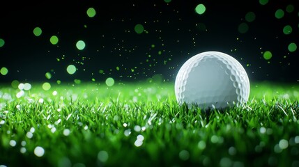 Golf ball about to hit green grass, intense low-angle view, high-definition grass blades, shallow depth of field, sharp lighting