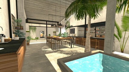 Modern interior design showcasing spacious kitchen and dining area