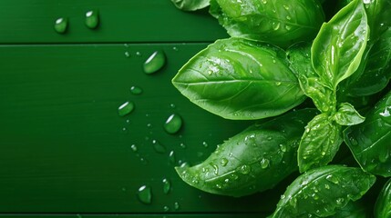 Obraz premium Fresh Organic Basil Leaves Close Up with Water Drops
