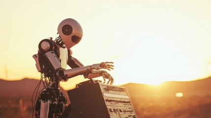 A robotic musician performing electronic music at a festival in a digital desert landscape, surreal and musical setting with digital art installations and electronic beats