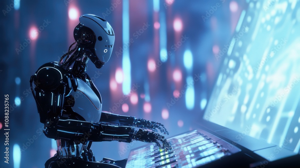 Aufkleber a robotic musician performing live in an interactive digital concert hall, immersive and musical set