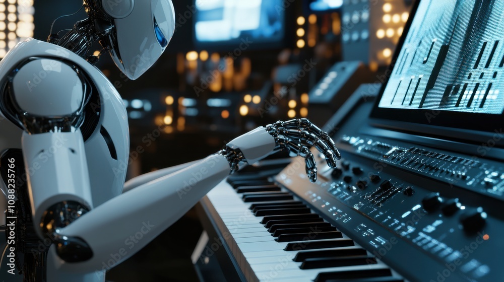 Poster a robotic musician playing a digital piano in a futuristic studio, high-tech and artistic setting wi