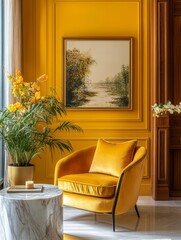 Yellow Room Interior Design With Armchair And Artwork