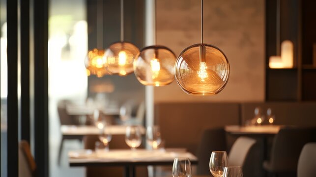 A stylish restaurant interior featuring elegant pendant lights, modern decor, and neatly set tables, creating a warm and inviting atmosphere.