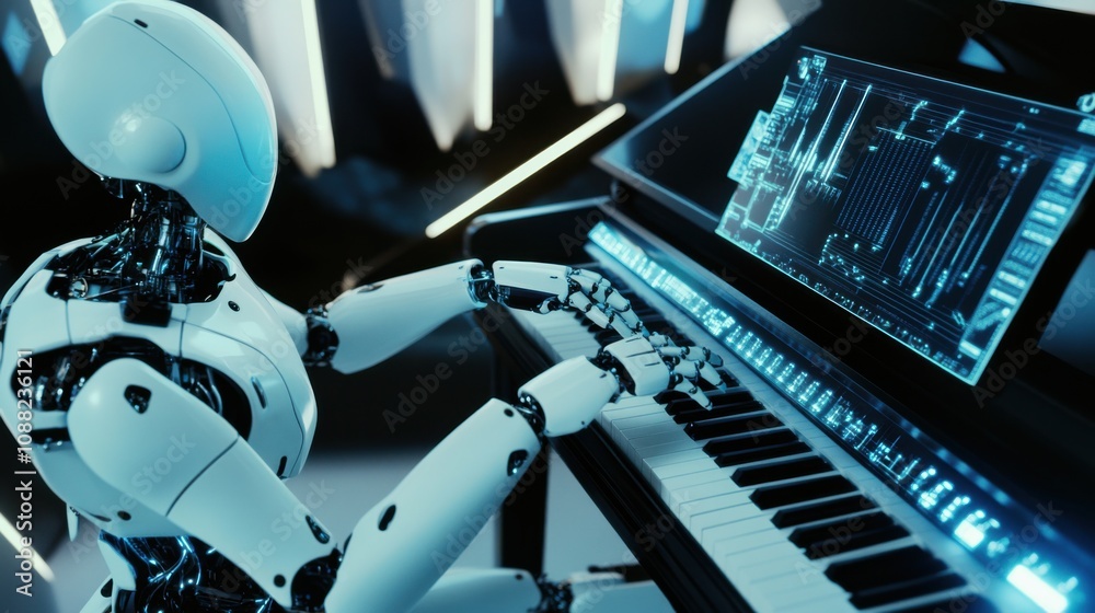 Poster a robotic musician playing a digital piano in a futuristic studio, high-tech and artistic setting wi