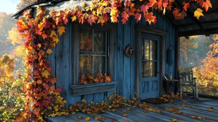 Autumnal Rustic Cabin with Porch Covered in Colorful Leaves