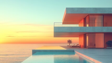 Modern beachfront villa with a stunning sunset view and pool.