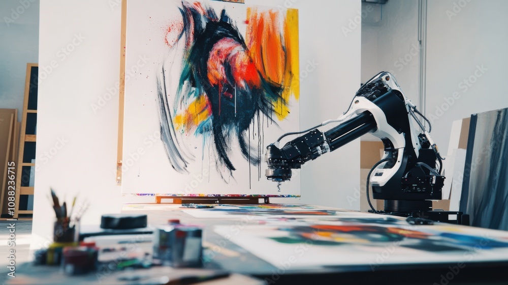 Poster A robotic painter creating an artwork in a modern studio, creative and minimalist setting with art supplies and digital tools, Artistic Robotics style