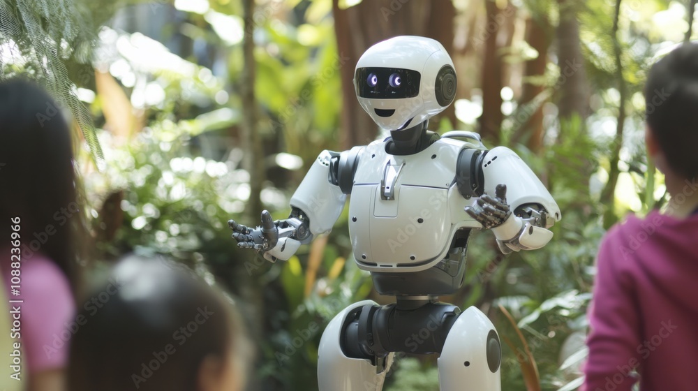 Aufkleber a robotic performer entertaining children with interactive storytelling in a magical forest, whimsic