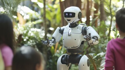 A robotic performer entertaining children with interactive storytelling in a magical forest, whimsical and storytelling setting with enchanted trees and children's laughter