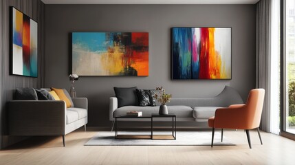 A modern living room featuring vibrant abstract art, a cozy sofa, and large windows that invite natural light.