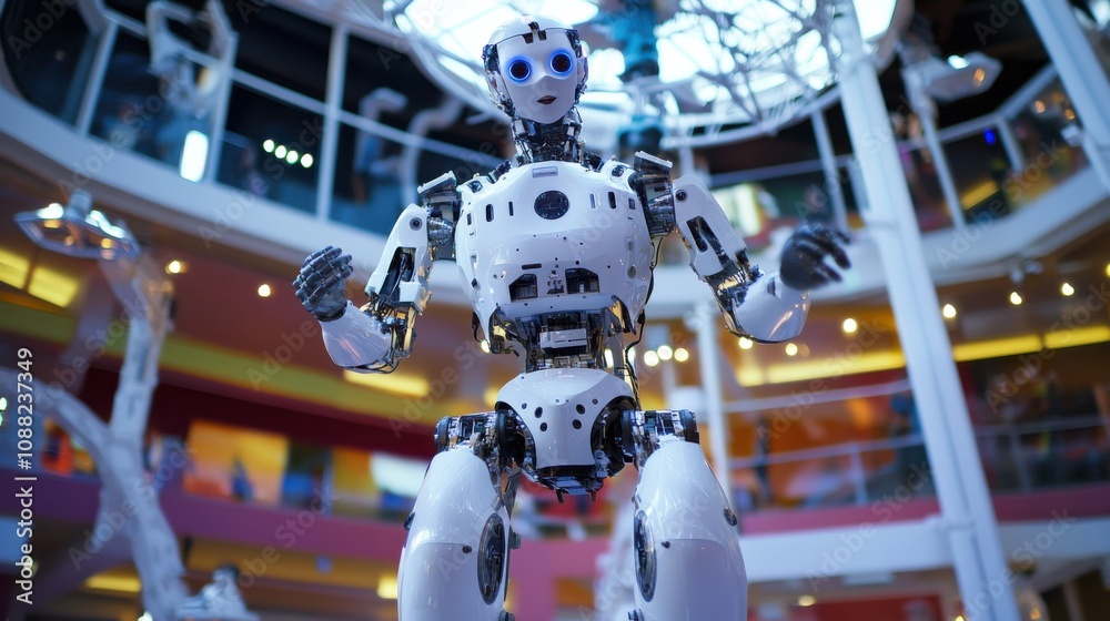 Aufkleber A robotic performer entertaining guests at a high-tech theme park, dynamic and whimsical setting with interactive attractions and excited visitors, Theme Park Entertainment Robotics style