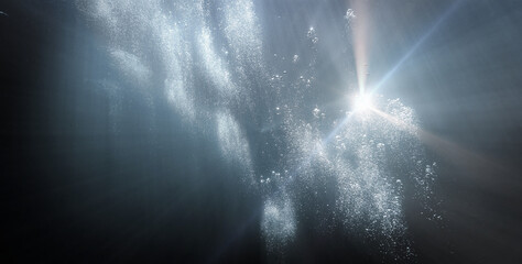 Fototapeta premium Dreamlike underwater world, universe and galaxy. Underwater photo from the deep blue ocean.