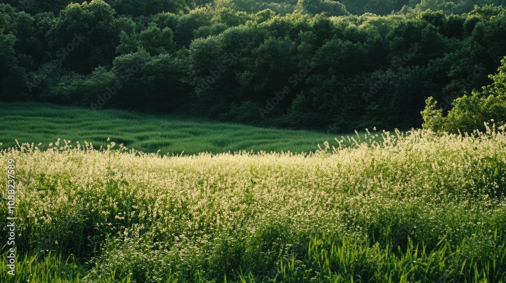Aufkleber the meadow features vibrant tall grasses and healthy soybeans, illuminated by the bright sun on a cl