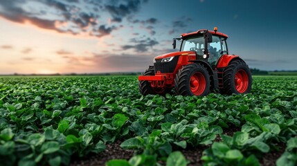 Fototapeta premium Vibrant Red Tractor Plowing Through Lush Green Fields at Sunset, Capturing the Beauty of Agricultural Life and the Hard Work of Farmers